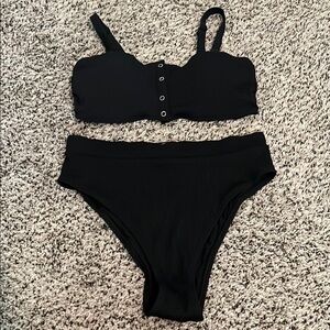 Textured Aerie Black Bikini Set with High-Waisted Bottoms